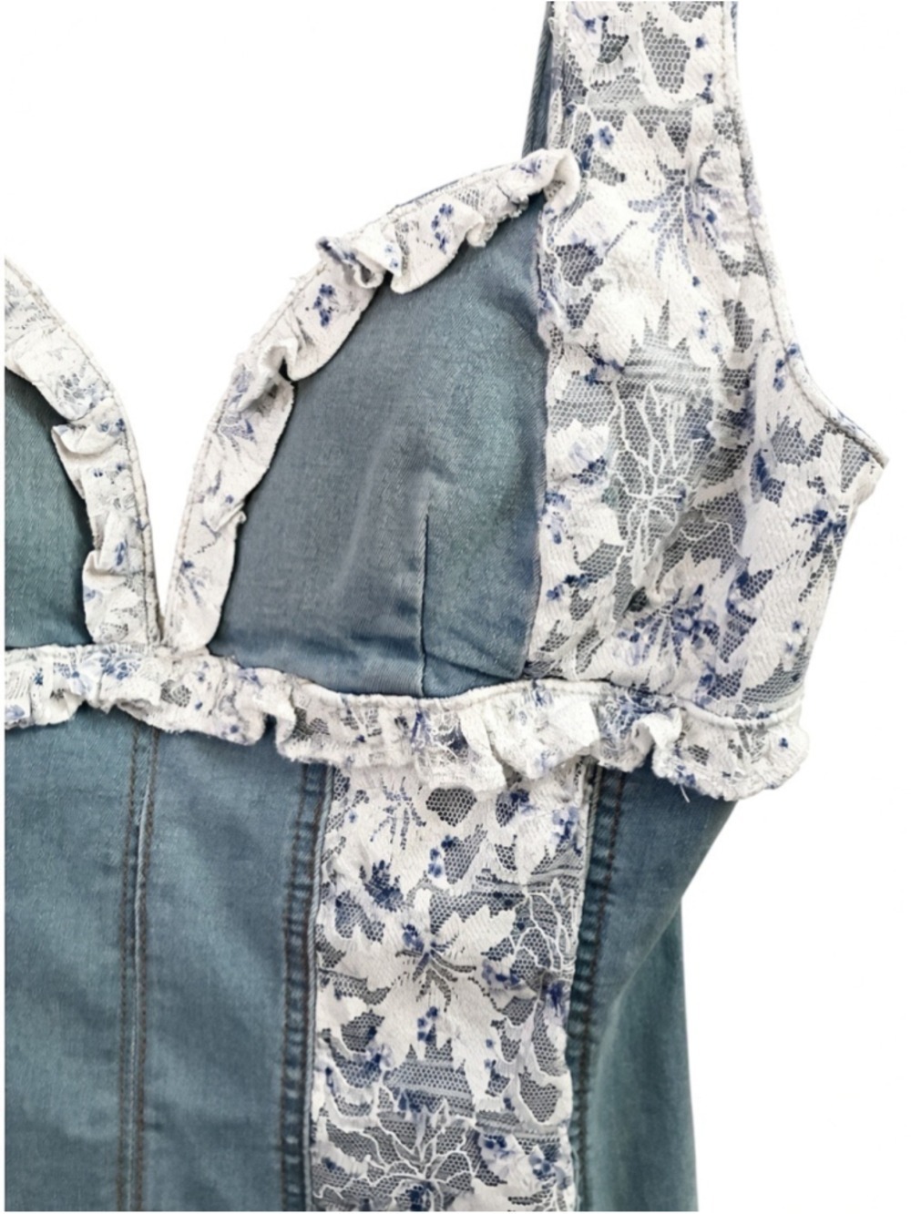 The Vintage Shop Blue Stretch Denim Lace Trim Ruffle Mini Dress Sweetheart L - Picture 4 of 14